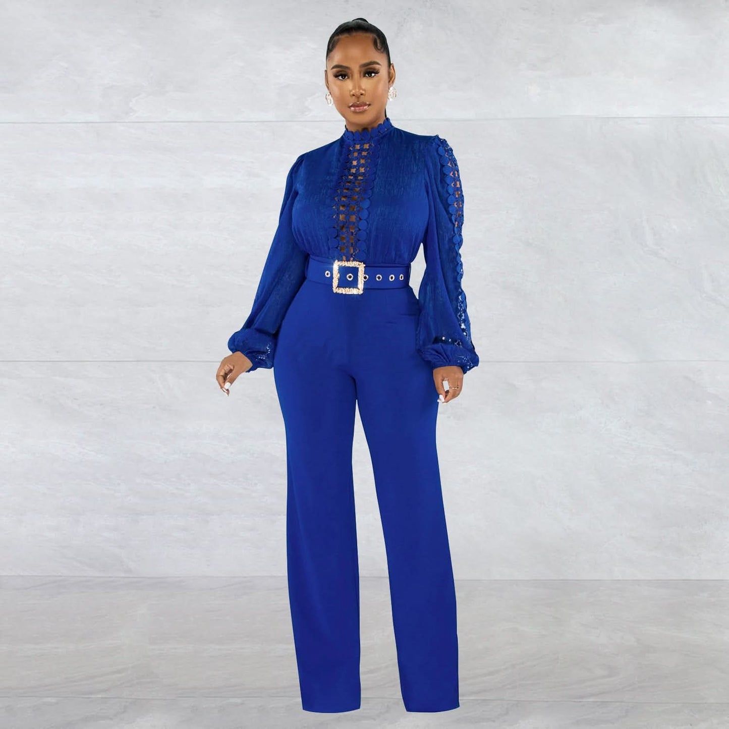 Solid Color Long Sleeve Belted Ruffle Cut-out Trousers Jumpsuit