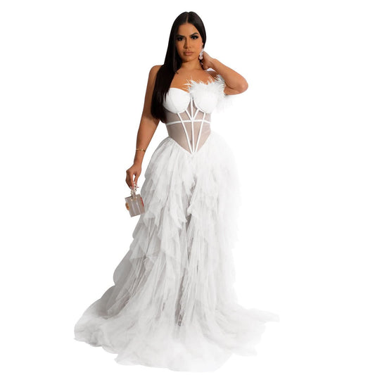 Ärmelloses langes Mesh-Kleid für Damen in Unifarbe mit Bustier