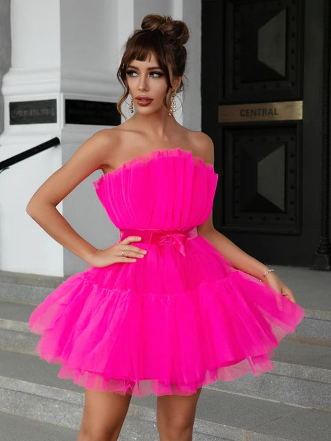Mesh Solid Pink Ruched Halloween Dress Women Sashes Strapless Club Loose Dresses Backless High Waist Sexy Party Vestido