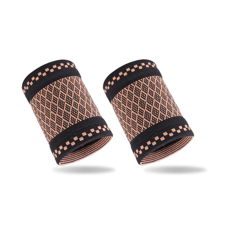 Sweat-absorbing Copper-fiber Nylon Knitted Compression Wrist Support pair in black and orange color.