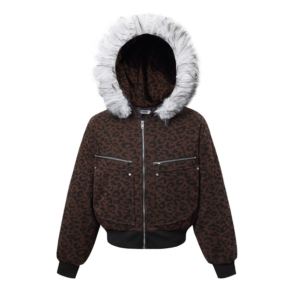 Mountain carving leopard print short hooded cotton jacket