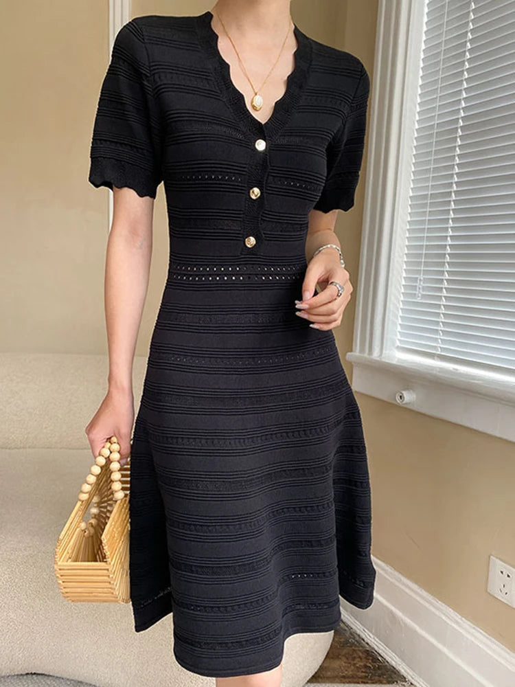 Elegant Solid V-neck Button Hollow Out Knitting Dress Women Leisure Slim Breathable Vestido  Summer New Tide