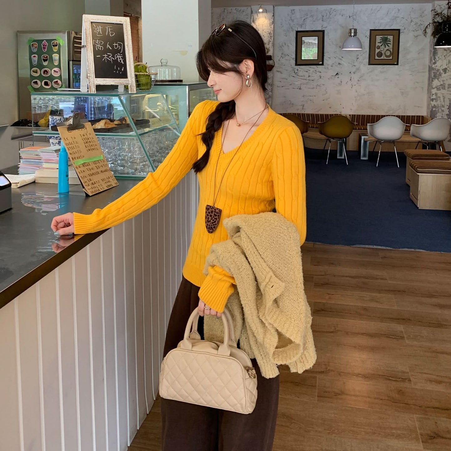 Solid Color Cable Knit V-Neck Long Sleeve Inner Layer Sweater Top for Women