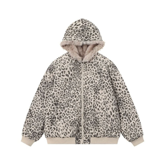 Wool collar hooded leopard print cotton jacket