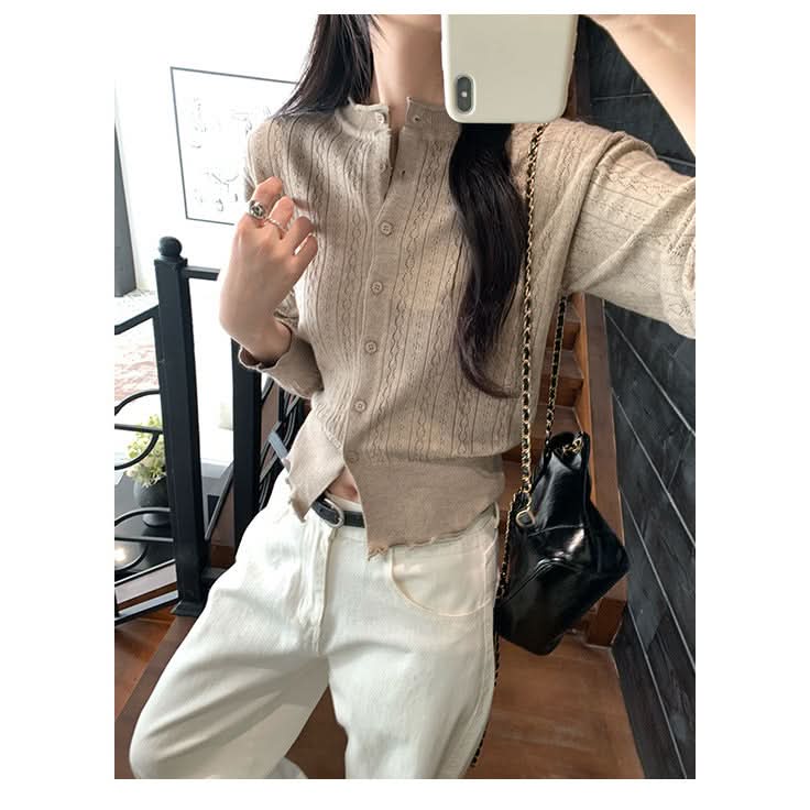 Preppy Style Hollow Out Pattern Round Neck Knit Cardigan Coat for Women