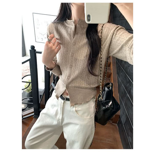 Preppy-Style Strickjacke für Damen mit Rundhalsausschnitt und Ajourmuster