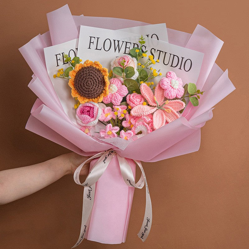Knitted Wool Bouquet Finished Product in pink wrapping with colorful flowers for weddings and photography props.
