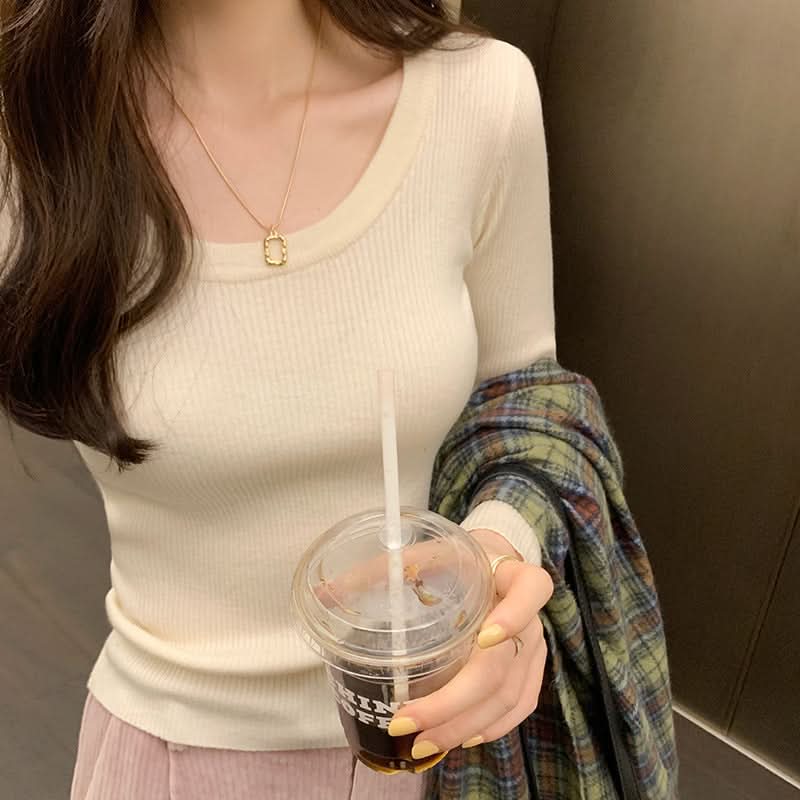 Simple Solid Color Long Sleeve T-Shirt for Women, U-Neck, Regular Shoulder