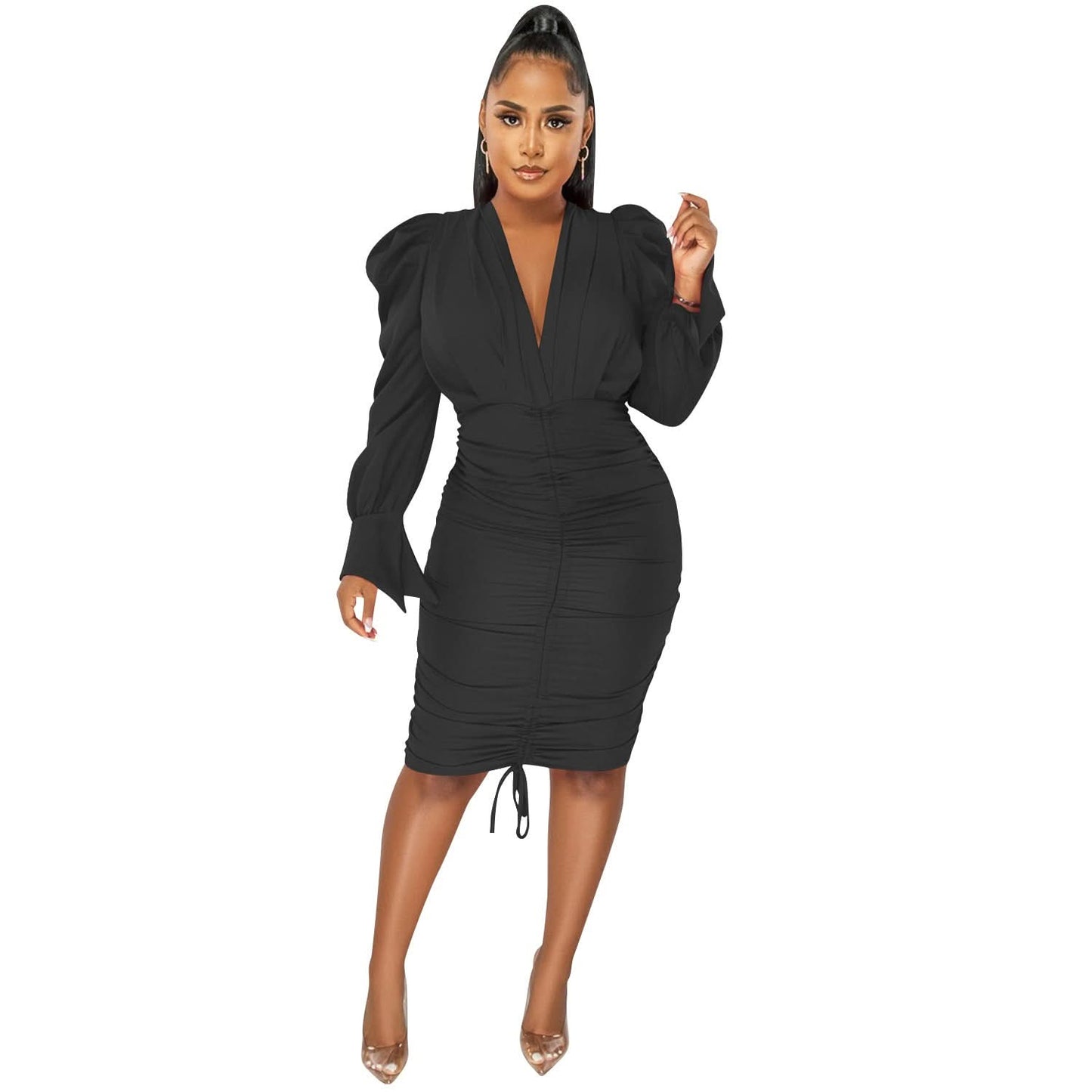 Fashionable Casual Solid Color Long Sleeve Pleated V-Neck Dress for Women