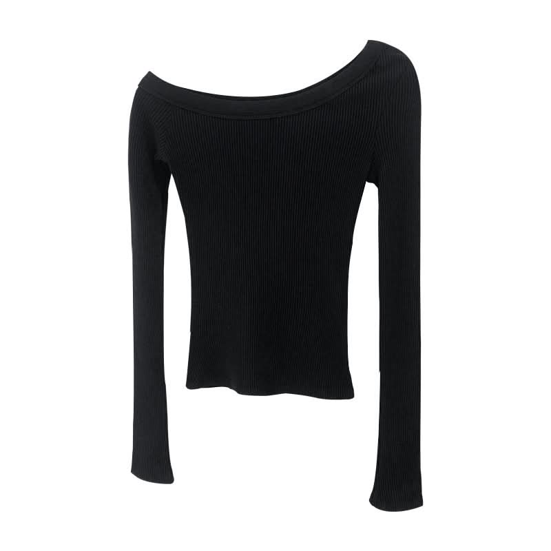 Irregular Slim-Fitting Shoulder-Baring Black Long Sleeve T-Shirt for Women, Versatile Knit Top