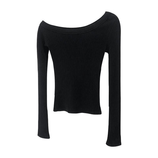 Irreguläres, tailliertes schulterfreies schwarzes Langarm-T-Shirt für Damen, vielseitiges Strickoberteil