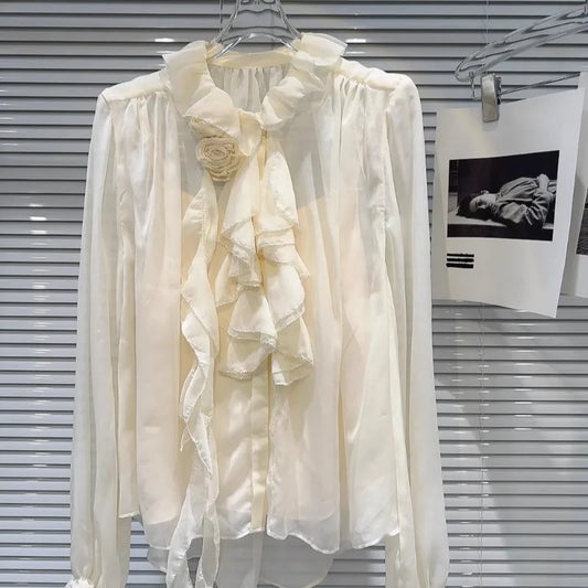 Autumn New Blusas Mujer Three-Dimensional Flower Pleated Lace Elegant Chiffon Blouse Solid Color Shirt For Women's Clothes