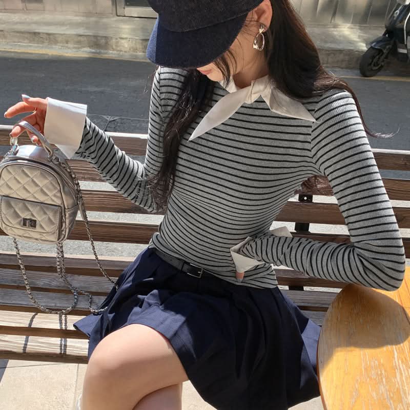 Elegant Stripe Mock Neck Tie-Front Long Sleeve Inner Top for Women