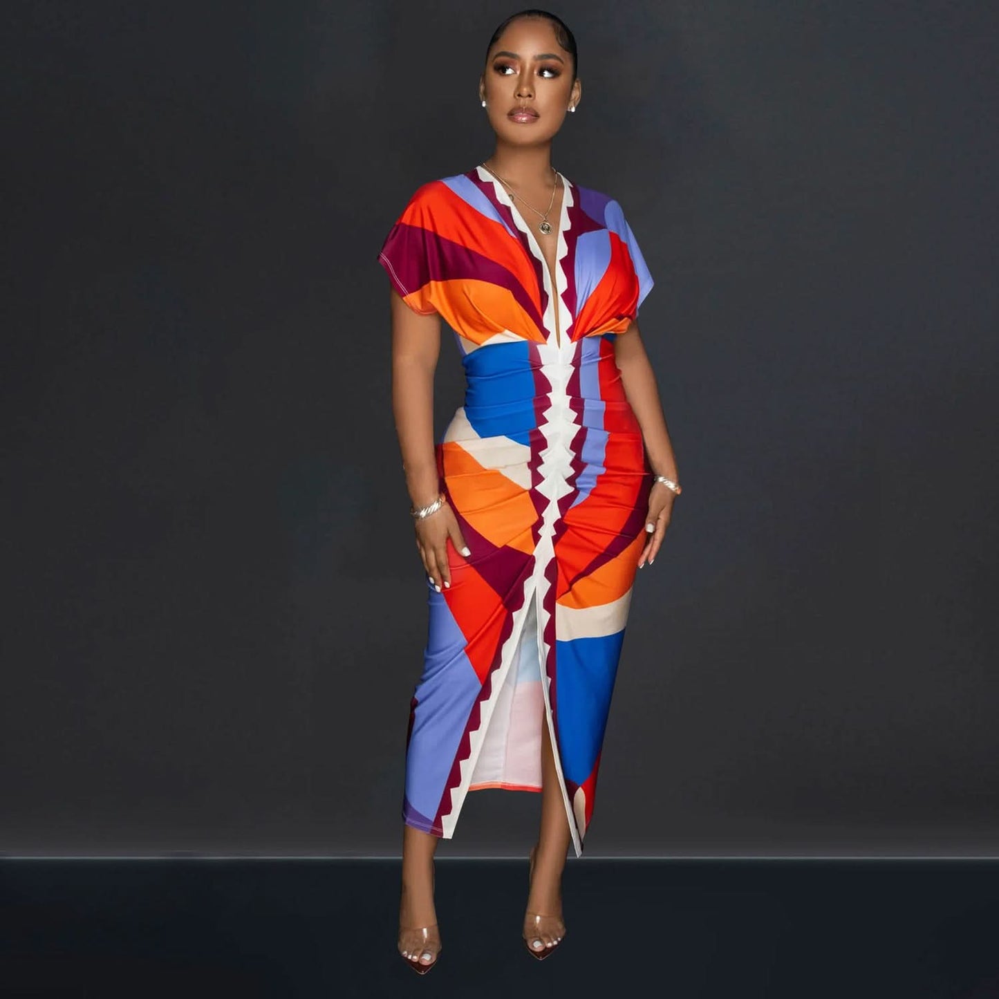 Fashion Women's V-neck Printed Pleated Split Long Dress