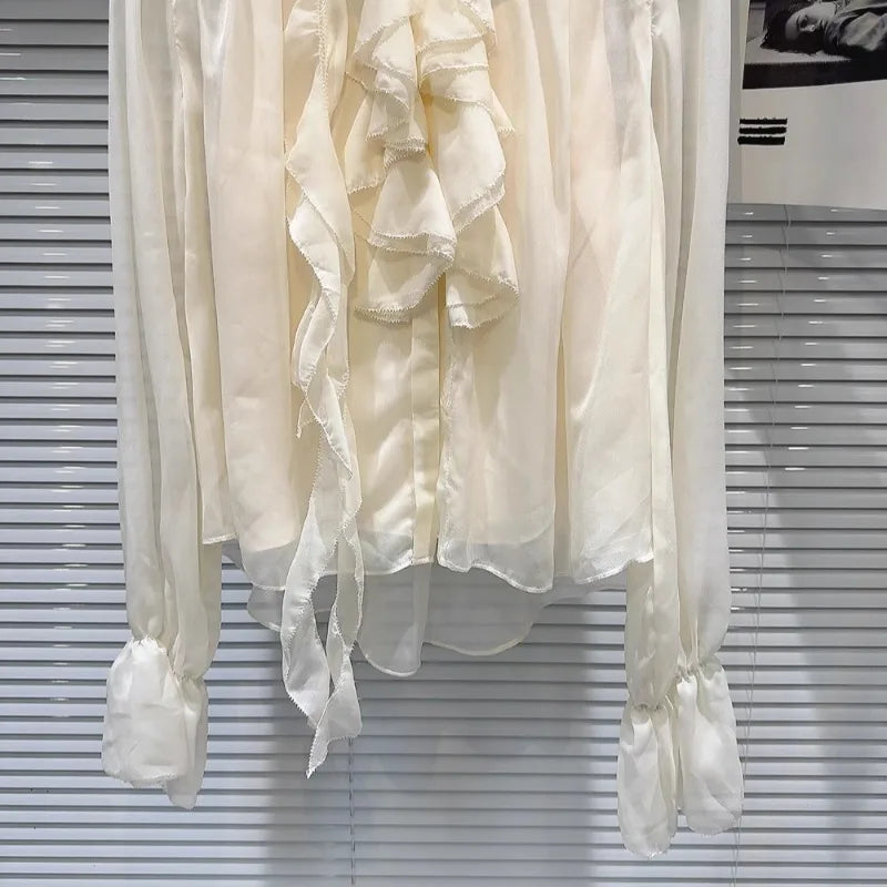 Autumn New Blusas Mujer Three-Dimensional Flower Pleated Lace Elegant Chiffon Blouse Solid Color Shirt For Women's Clothes