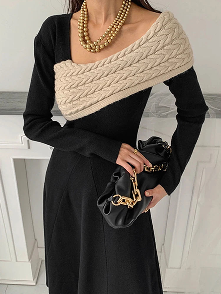 Irregular Collar Knit Spliced Dress For Women Fashion Contrast Color Niche Design Vestido Autumn New Tide