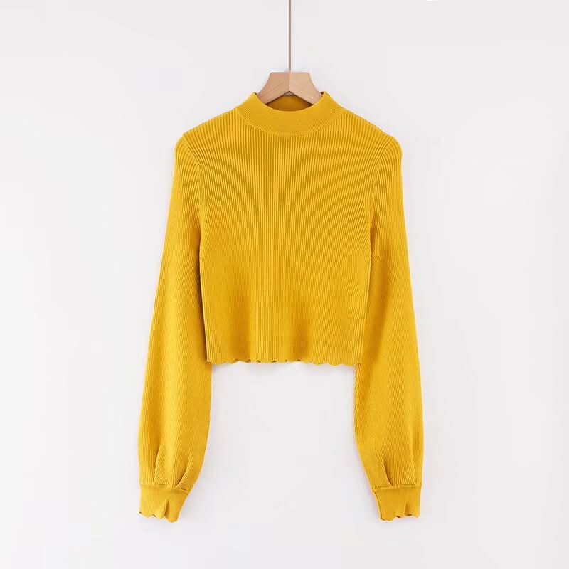 Long sleeved half high neck lotus leaf sweater