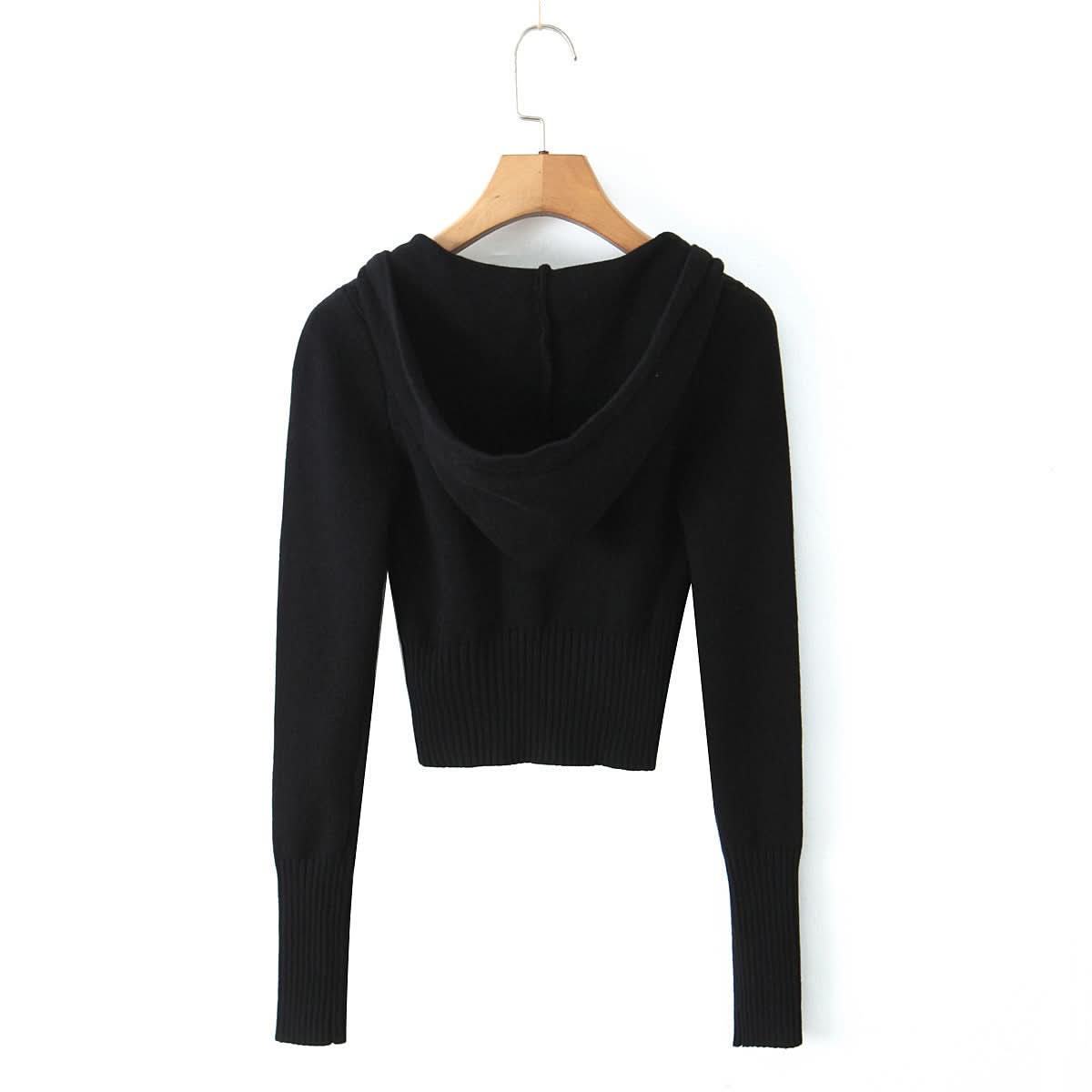 Elastic slim fit drawstring hooded zipper top