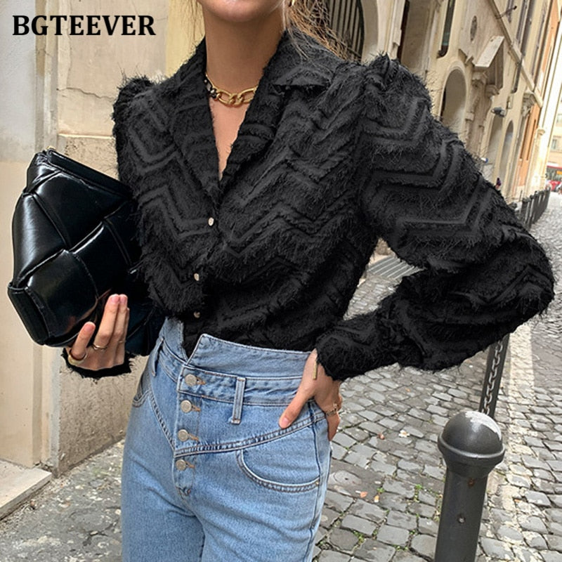 BGTEEVER Elegant Notched Collar Women Tassels Shirts Blouses  Spring New Single-breasted Female Workwear Shirts Tops Blusas