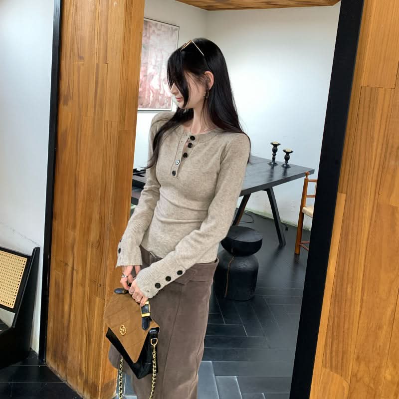 Style Henley Neck Knit Sweater for Women, Slim Fit Long Sleeve Pullover Top