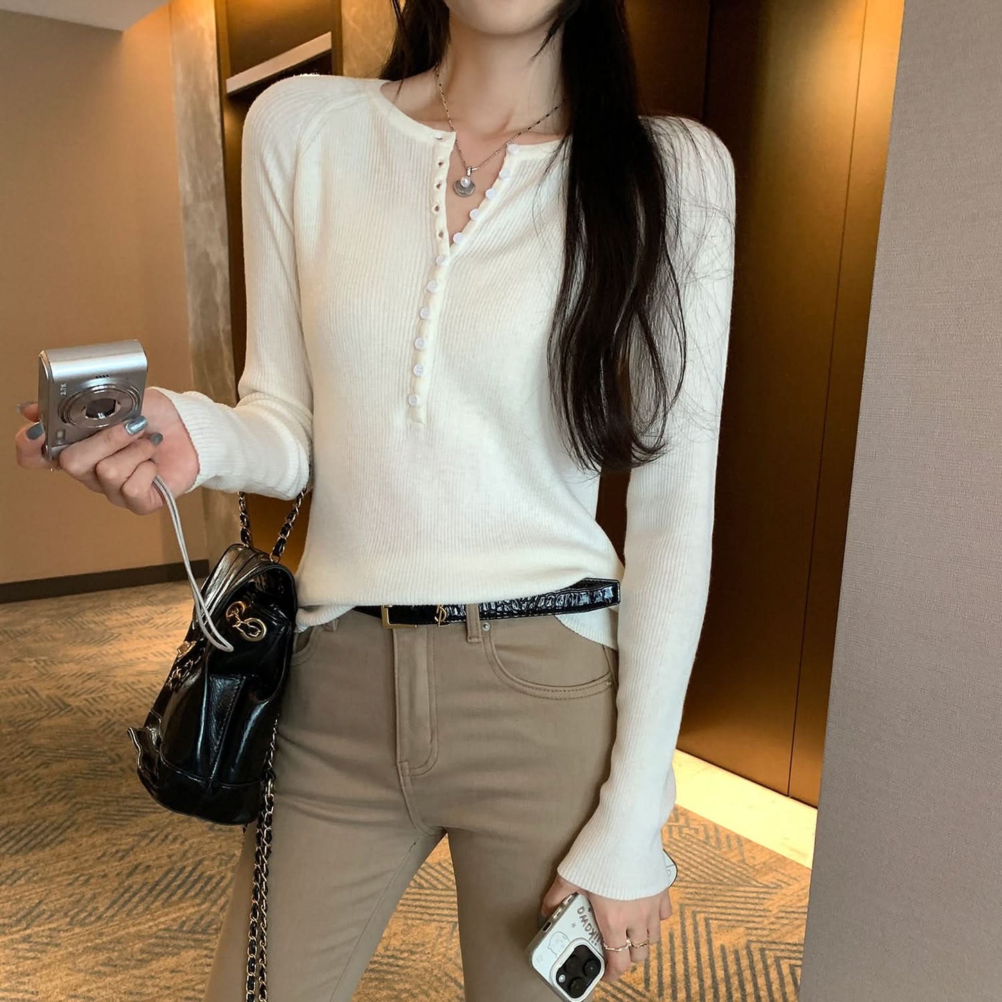 Henley Neck Pink Knit Top for Women,Slim Fit, Elegant Innerwear Shirt
