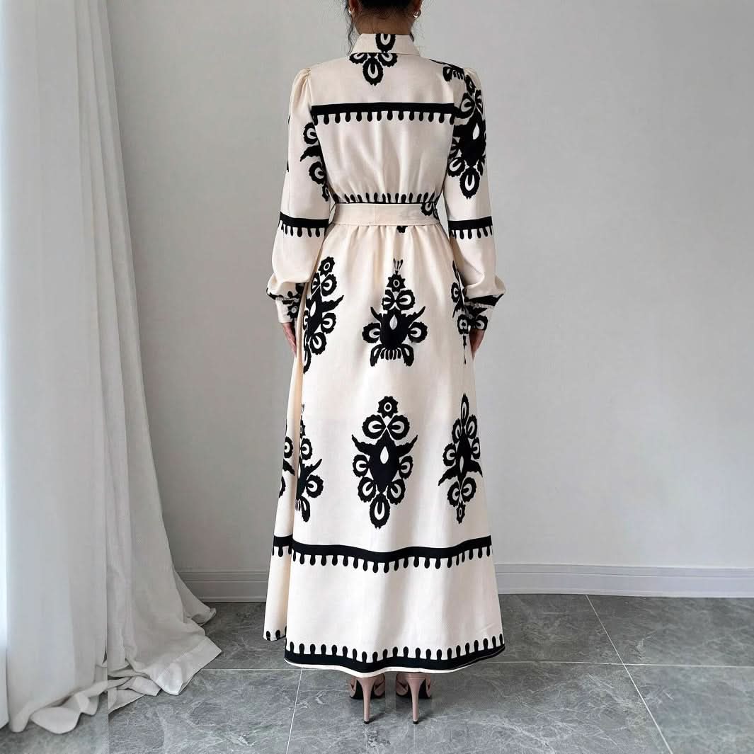 Style Printed Tie-up Long Dress with A-line Silhouette