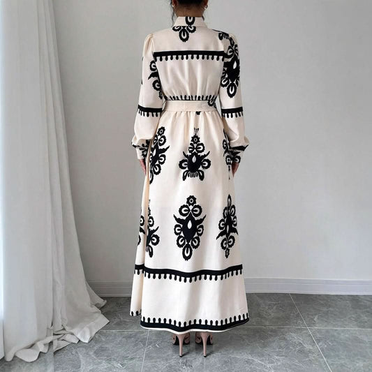 Style Printed Tie-up Long Dress with A-line Silhouette