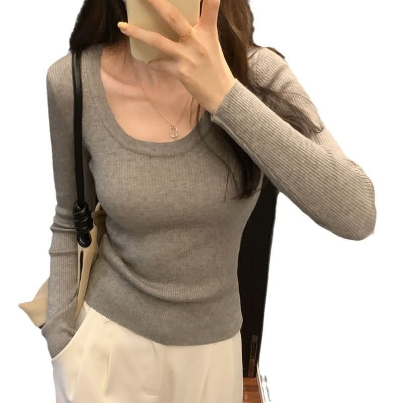 Simple Solid Color Long Sleeve T-Shirt for Women, U-Neck, Regular Shoulder