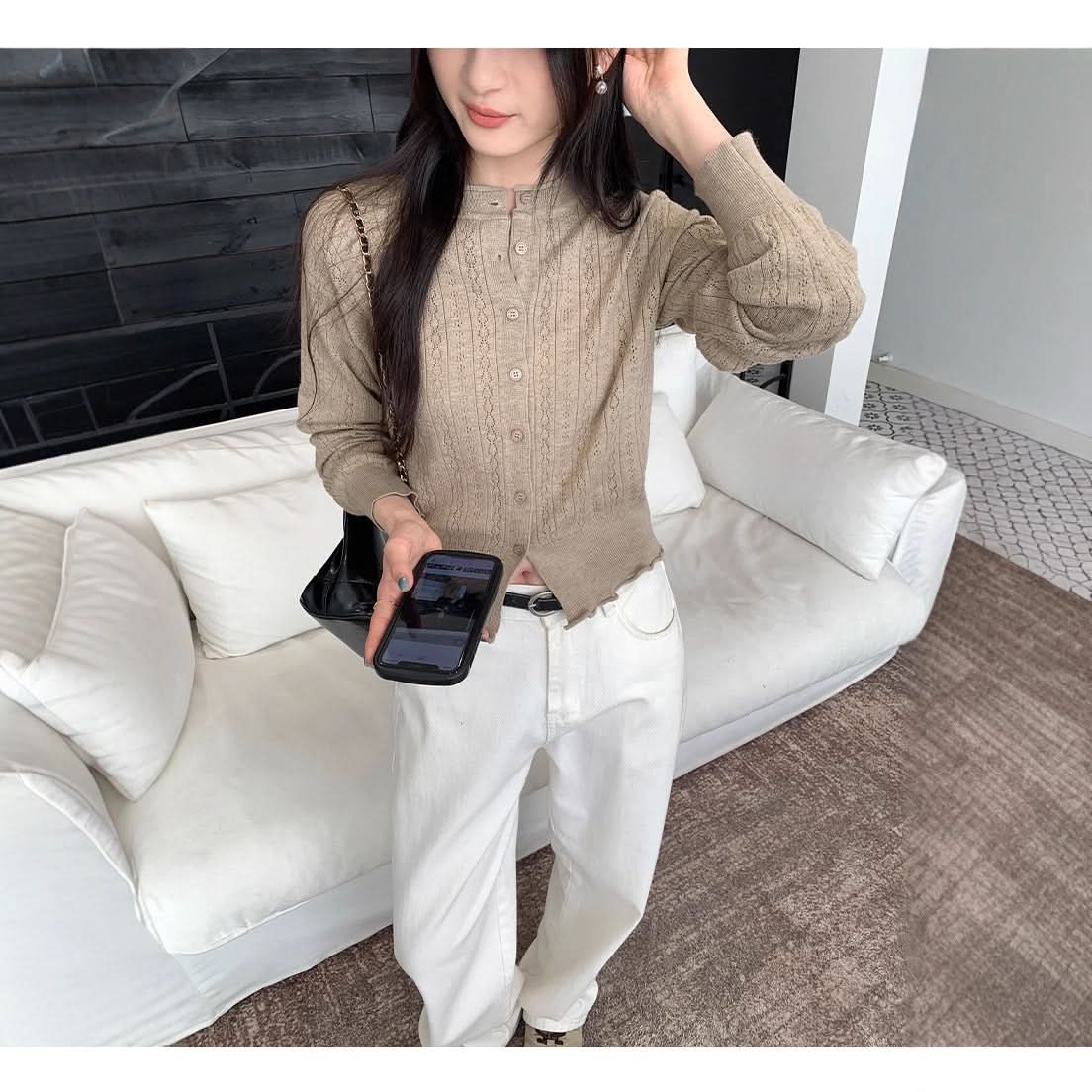Preppy Style Hollow Out Pattern Round Neck Knit Cardigan Coat for Women