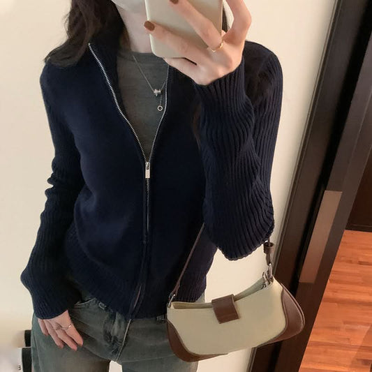 Einfache hochgeschlossene Strickjacke für Damen, vielseitig, schmal geschnitten, Reißverschluss-Cardigan