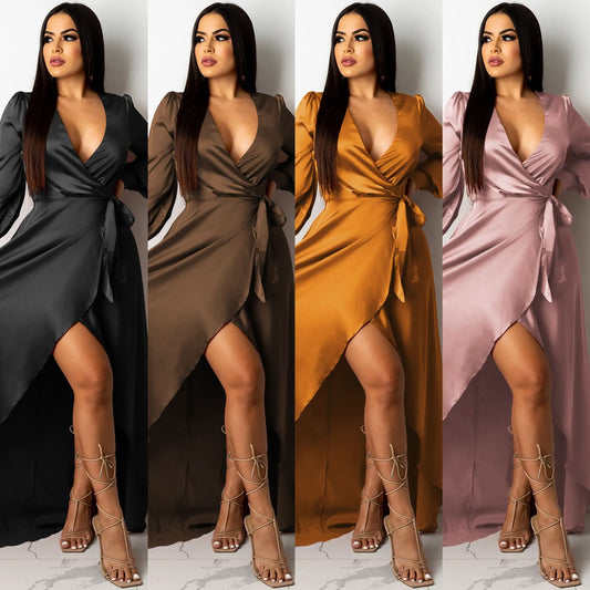 Fashion-sexy Damen Maxikleid mit tiefem V-Ausschnitt, Wickeldesign, langen Ärmeln und Schlitz, einfarbig