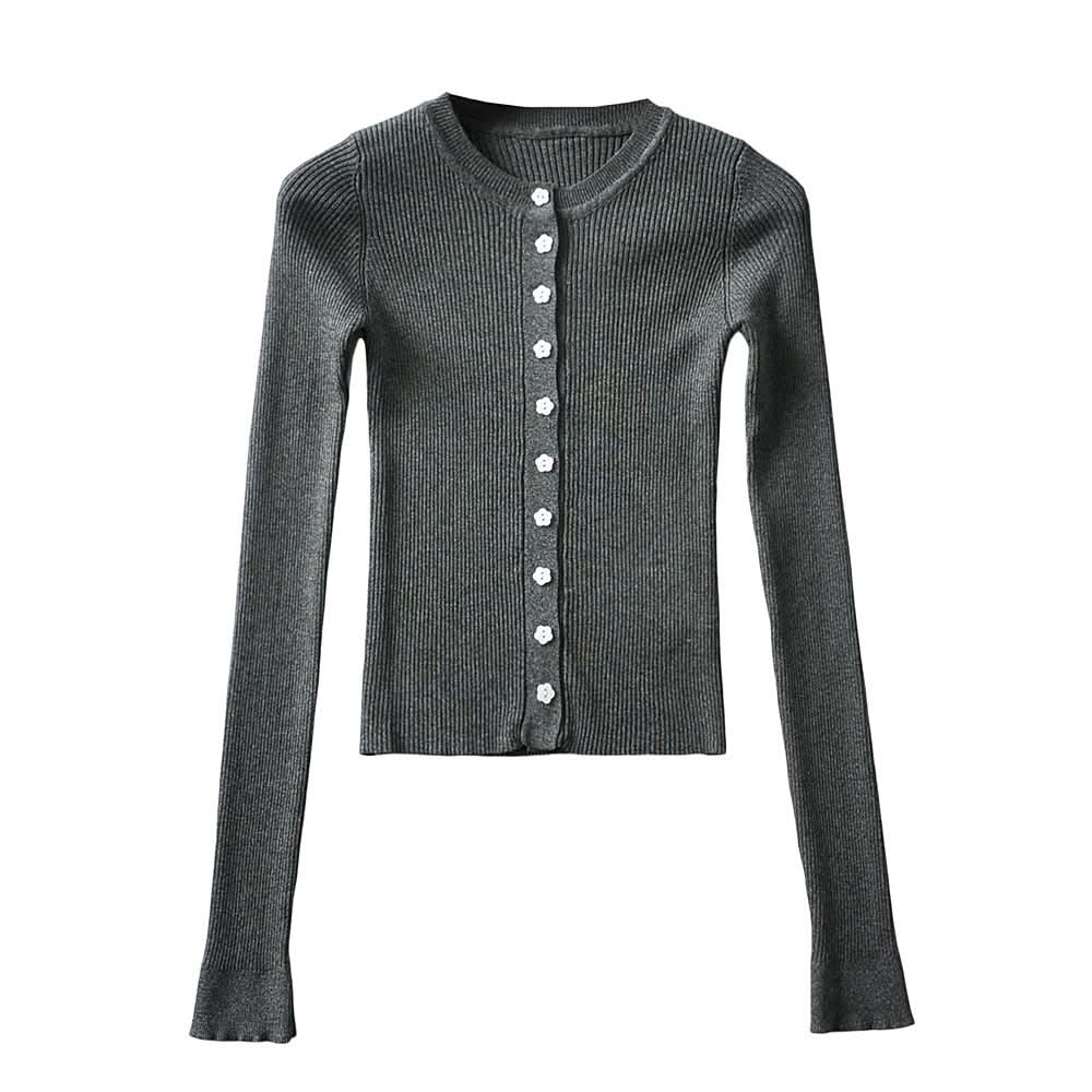 Round neck buckle long sleeved elastic slim fit top
