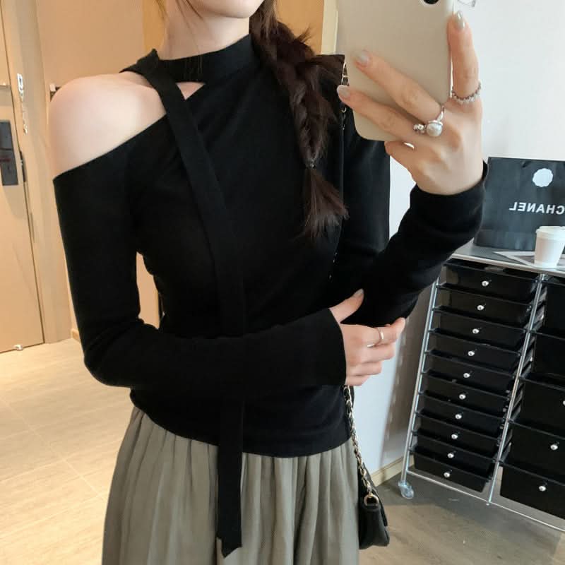Lace-up Butterfly Sleeveless Long Sleeve T-Shirt for Women, Lightweight Chiffon Style, Elegant and Slim Fit Top
