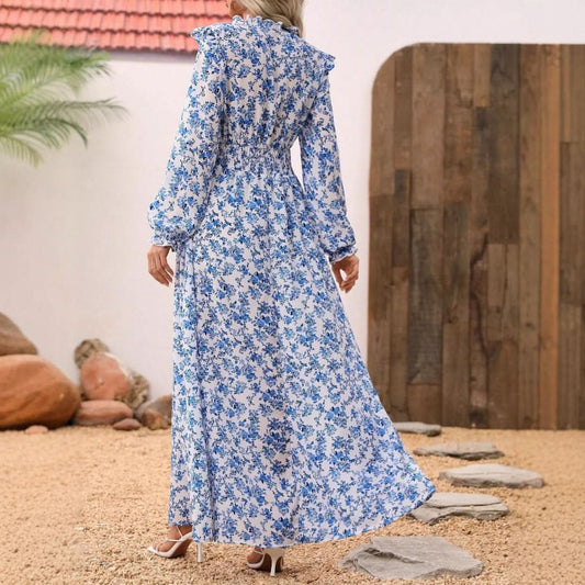 Elegantes Damen-Maxikleid mit Gürtel, langen Ärmeln und Blumendruck, modisch, lässig