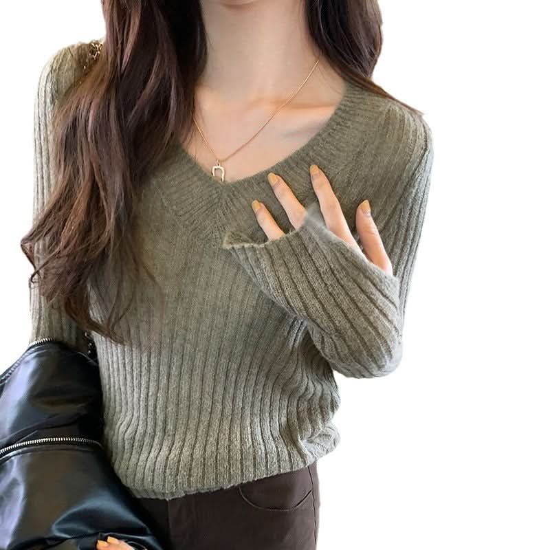 Lazy V-Neck Knitted Sweater Top for Women, Fitted Slim Fit Long Sleeve Inner Layer, Versatile Casual Top