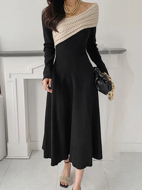 Irregular Collar Knit Spliced Dress For Women Fashion Contrast Color Niche Design Vestido Autumn New Tide