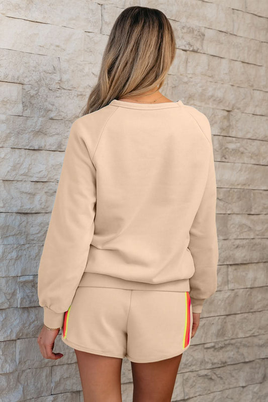 Apricot Striped Accent Pullover and Shorts Two Piece Casual Set