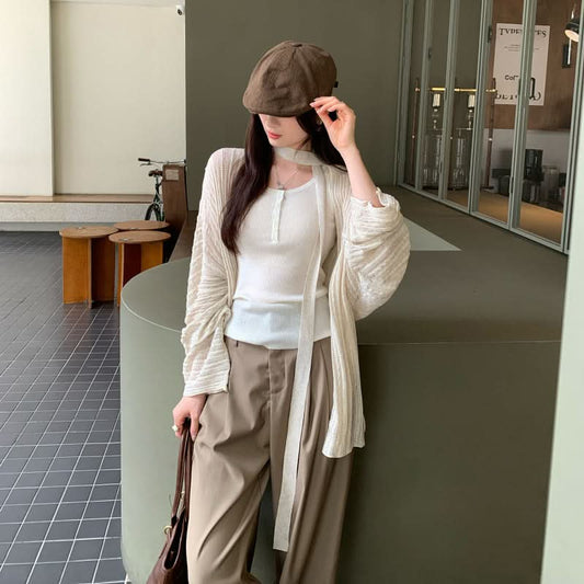 Lockerer Lazy-Atmosphäre Outfit Aprikosenfarbener Langarm-Strickcardigan Mantel für Damen