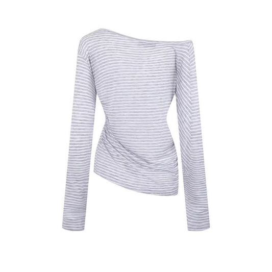 Stripe Graffiti Off-Shoulder Long Sleeve T-Shirt Women's Casual Edgy Style Top