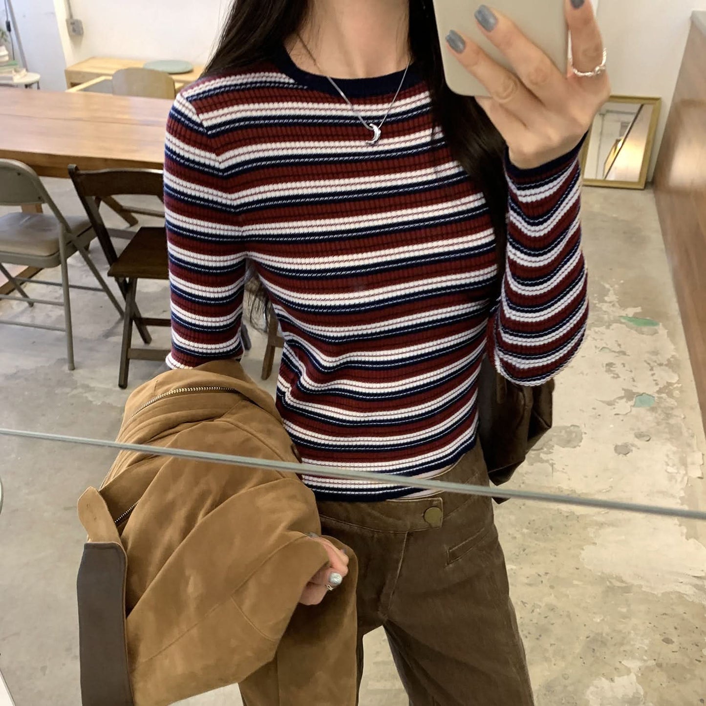 Striped Round Neck Knit Top for Women, Slim Fit, Short Length Long Sleeve Inner Wear