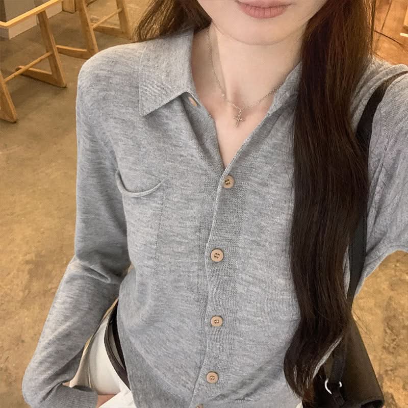 Chic Wool Notch Lapel Knit Cardigan for Women, Casual Short Top