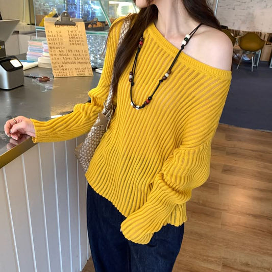 Gerippter Strickpullover für Damen, lockere Passform, Langarm, lässiges Oversized-Oberteil