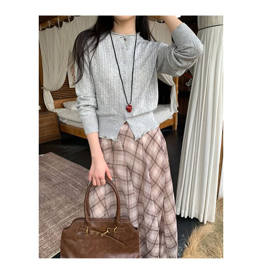 Preppy-Style Strickjacke für Damen mit Rundhalsausschnitt und Ajourmuster