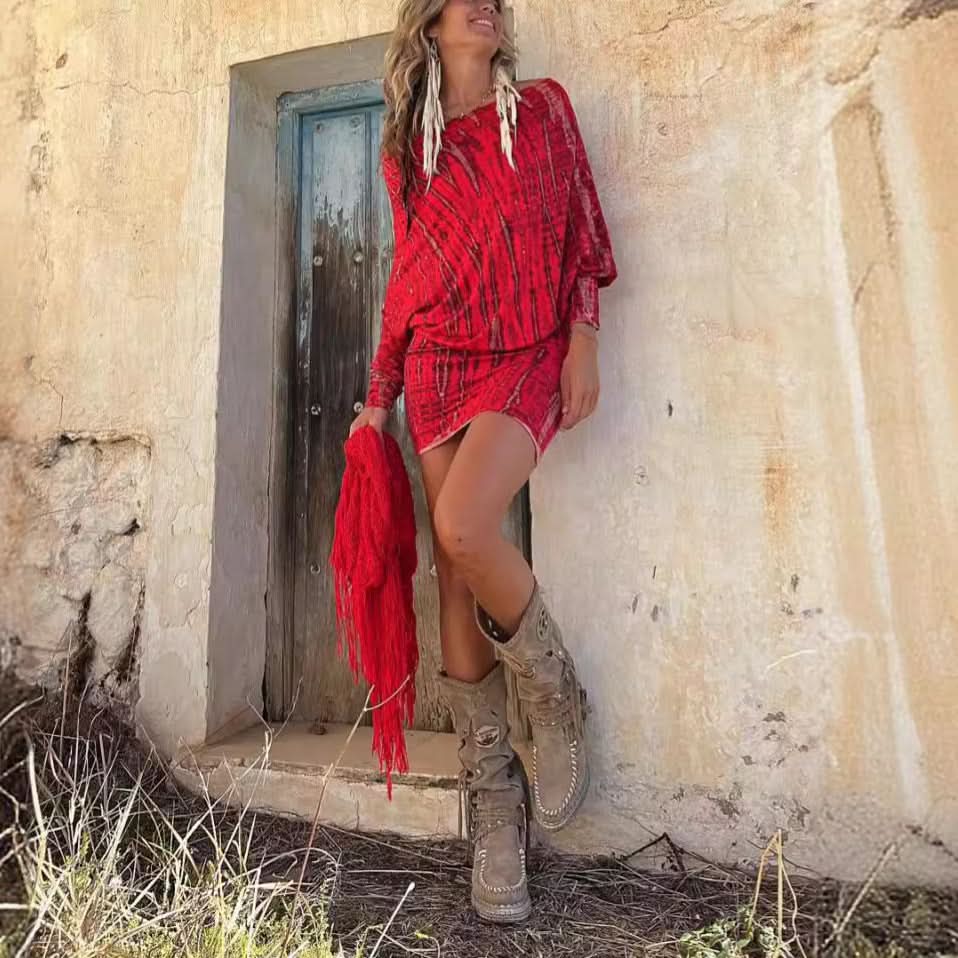 Chic One-Shoulder Batwing Sleeve Printed Bodycon Dress Tie-Dye Mini Skirt