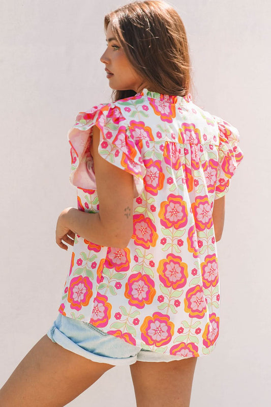 Rose Floral Ruffled Sleeve Ric-rac Trim Split Neck Loose Blouse