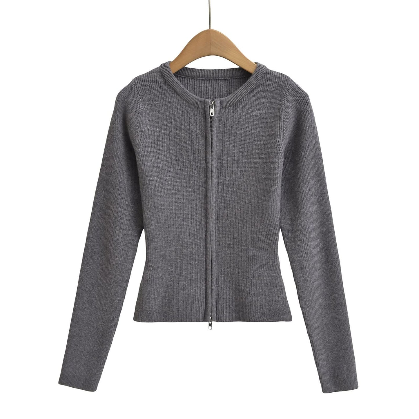 Round neck long sleeved slim fit short cardigan sweater