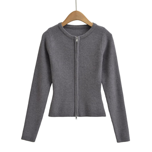 Round neck long sleeved slim fit short cardigan sweater