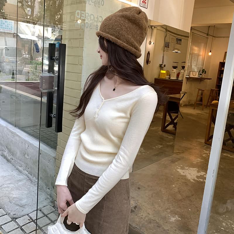 V-Neck Slim-Fitting Knit Top for Women, Pink, Long Sleeve Inner Wear