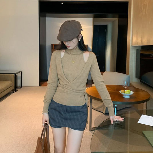 Mock Two-Piece Off-Shoulder Fitted Long Sleeve Wool Knit Top for Women