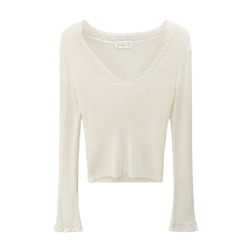Elegant High-Intellect Purple V-Neck Knit Top for Women, Slim Fit,  Long Sleeve, Casual Wear